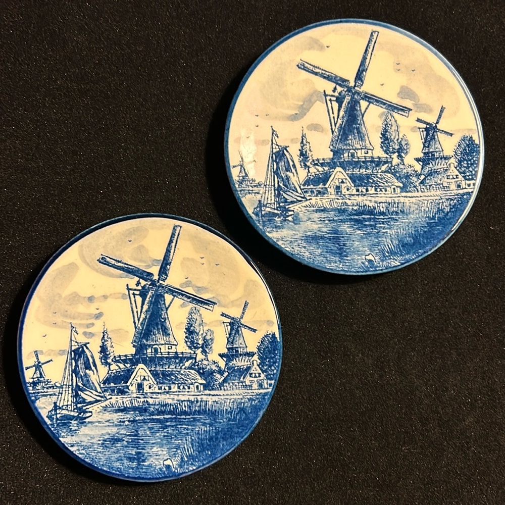 Vintage Delfts Windmill Handwerk Porcelain 4” Plates - Made in Holland